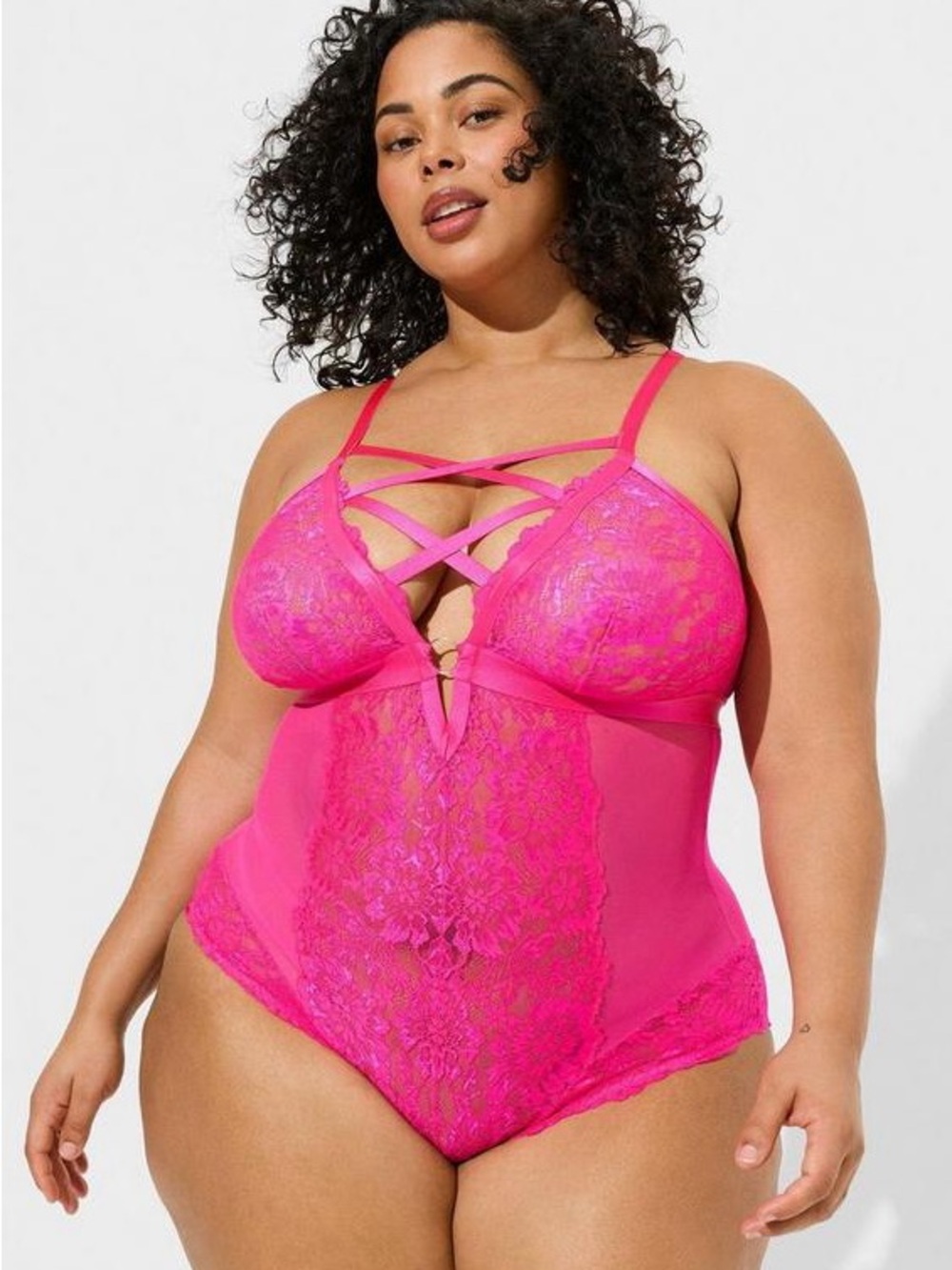 NEW Torrid strappy floral lace pink bodysuit
